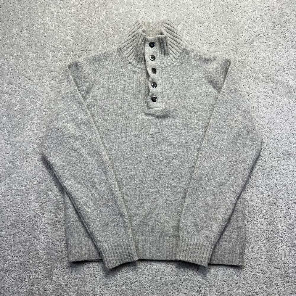Lands End Sweater Mens M 38-40 Gray Merino Wool Blend Button Mock Neck Henley